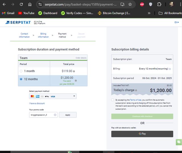 Serpstat checkout page showing Serpstat promo code box | Screenshot taken by SimplyCodes community member on Oct 6, 2024