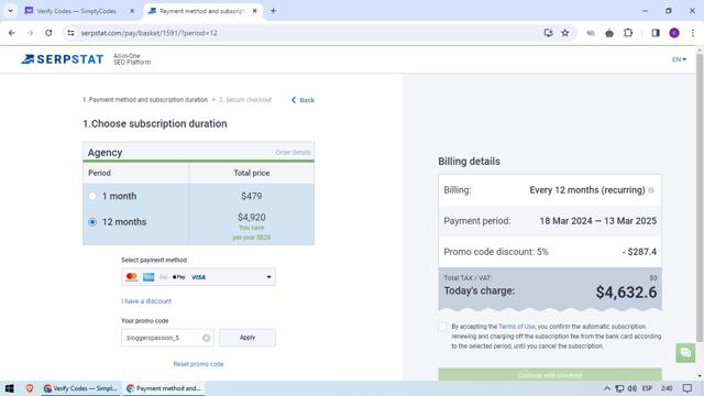 Serpstat checkout page showing Serpstat promo code box | Screenshot taken by SimplyCodes community member on Mar 18, 2024