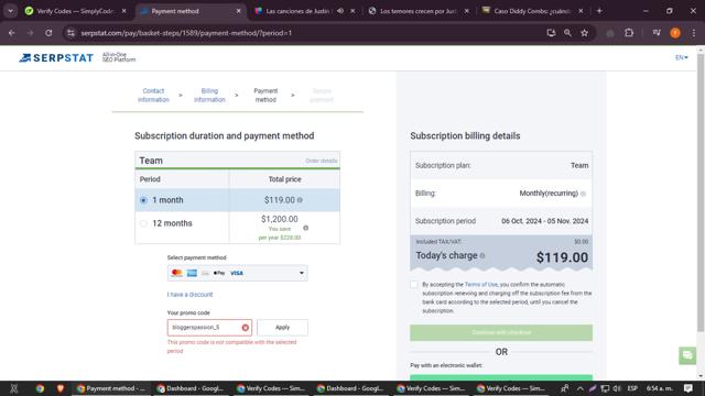 Serpstat checkout page showing Serpstat promo code box | Screenshot taken by SimplyCodes community member on Oct 6, 2024