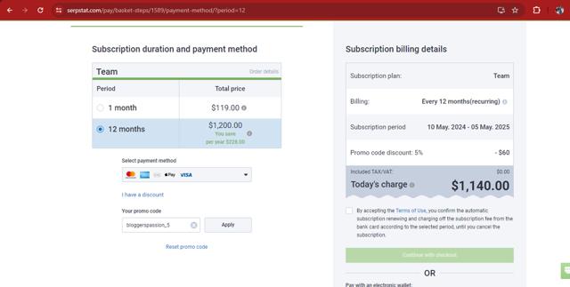 Serpstat checkout page showing Serpstat promo code box | Screenshot taken by SimplyCodes community member on May 10, 2024