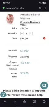Welcome20 coupon verification screenshot