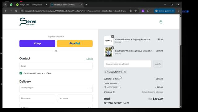 Serve Clothing checkout page showing Serve Clothing discount code box | Screenshot taken by SimplyCodes community member on Sep 10, 2025