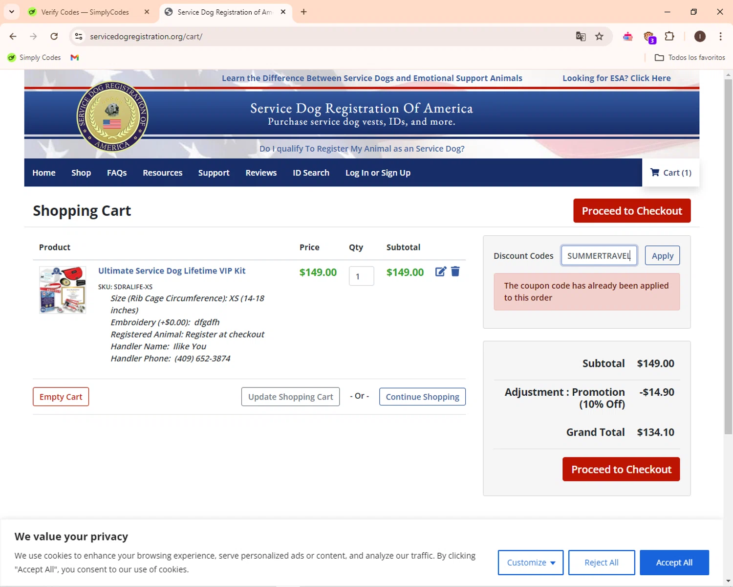 how to use Service Dog Registration coupons