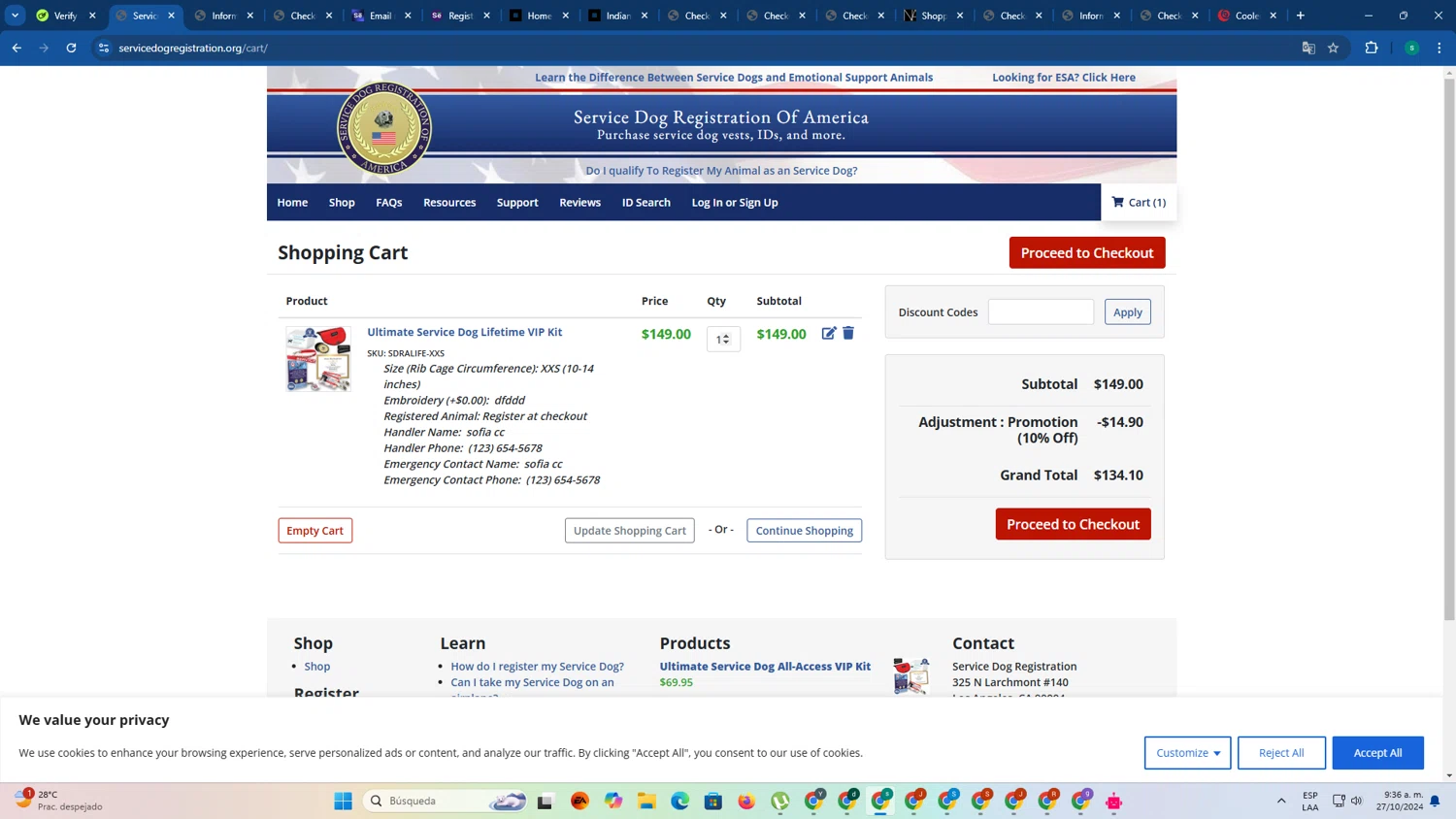 where to use Service Dog Registration promo code box