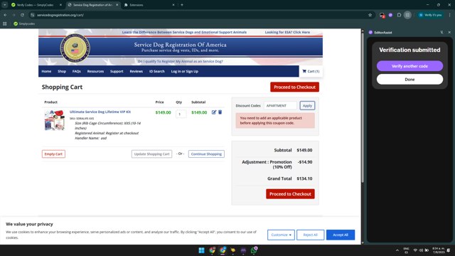Service Dog Registration Of America checkout page showing Service Dog Registration Of America promo code box | Screenshot taken by SimplyCodes community member on Sep 7, 2025