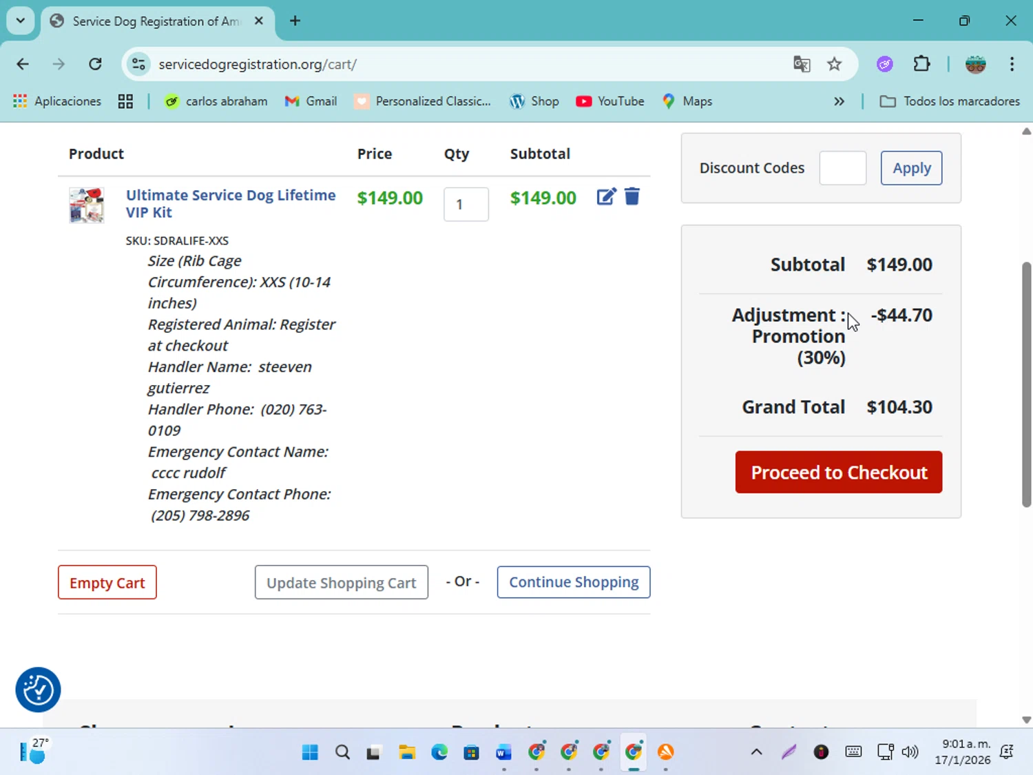 Service Dog Registration Of America promo code screenshot showing code fun30 applied at Service Dog Registration Of America checkout page. Uploaded by SimplyCodes community member karolg on Jan 17, 2026
