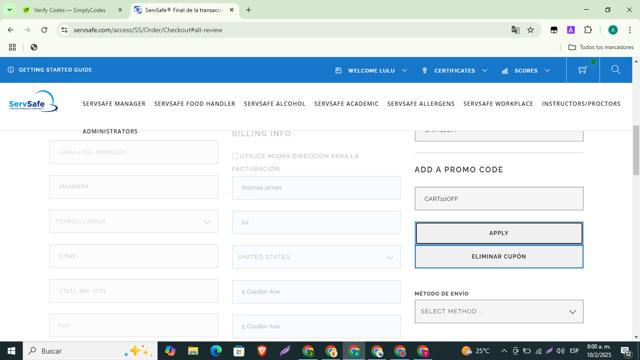 ServSafe checkout page showing ServSafe promo code box | Screenshot taken by SimplyCodes community member on Feb 10, 2025