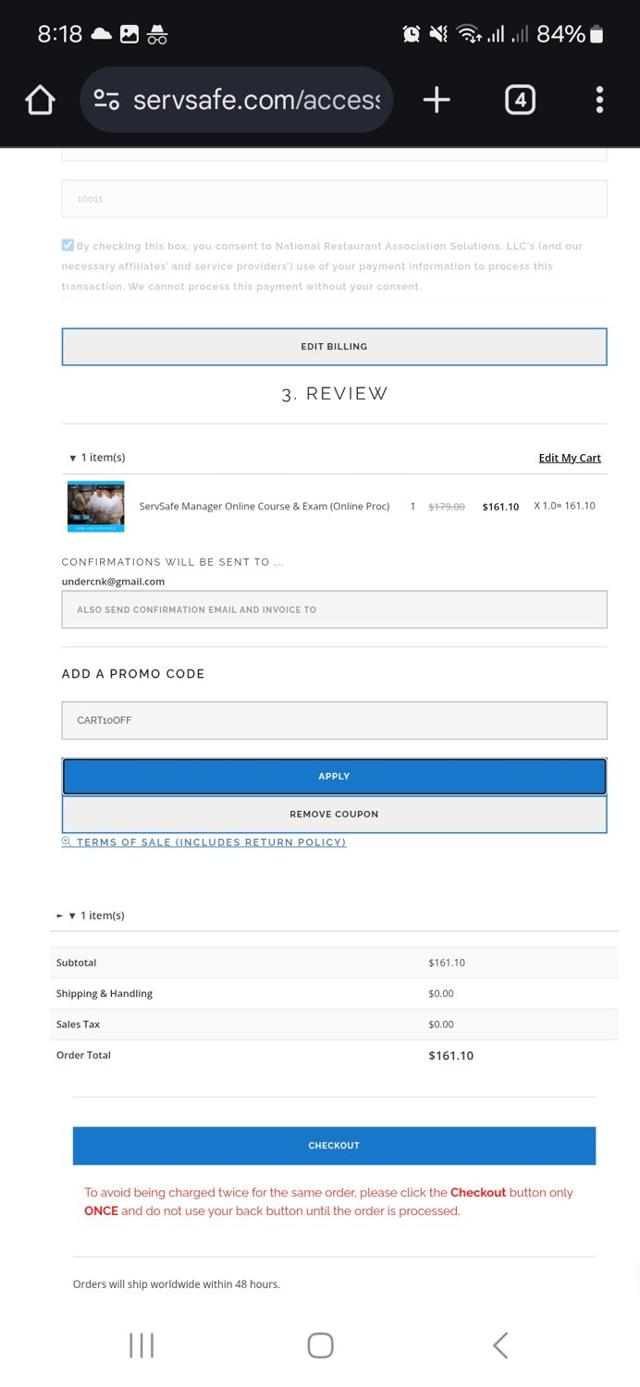 ServSafe checkout page showing ServSafe promo code box | Screenshot taken by SimplyCodes community member on Mar 6, 2025