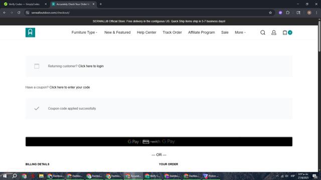Serwall checkout page showing Serwall coupon code box | Screenshot taken by SimplyCodes community member on Aug 27, 2025