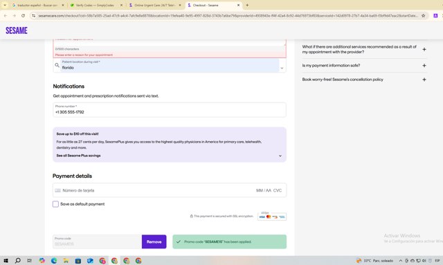 Sesame Care checkout page showing Sesame Care promo code box | Screenshot taken by SimplyCodes community member on Sep 4, 2025