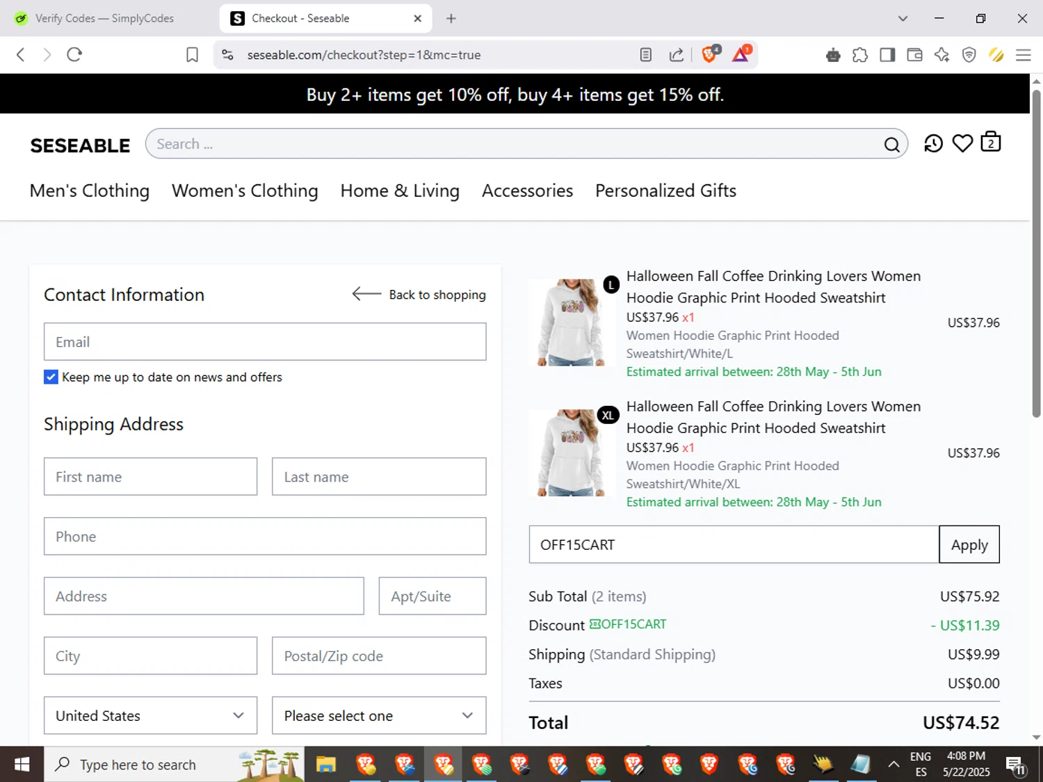 Seseable discount code screenshot showing code OFF15CART applied at Seseable checkout page. Uploaded by SimplyCodes community member GoldGuardian667 on May 22, 2025