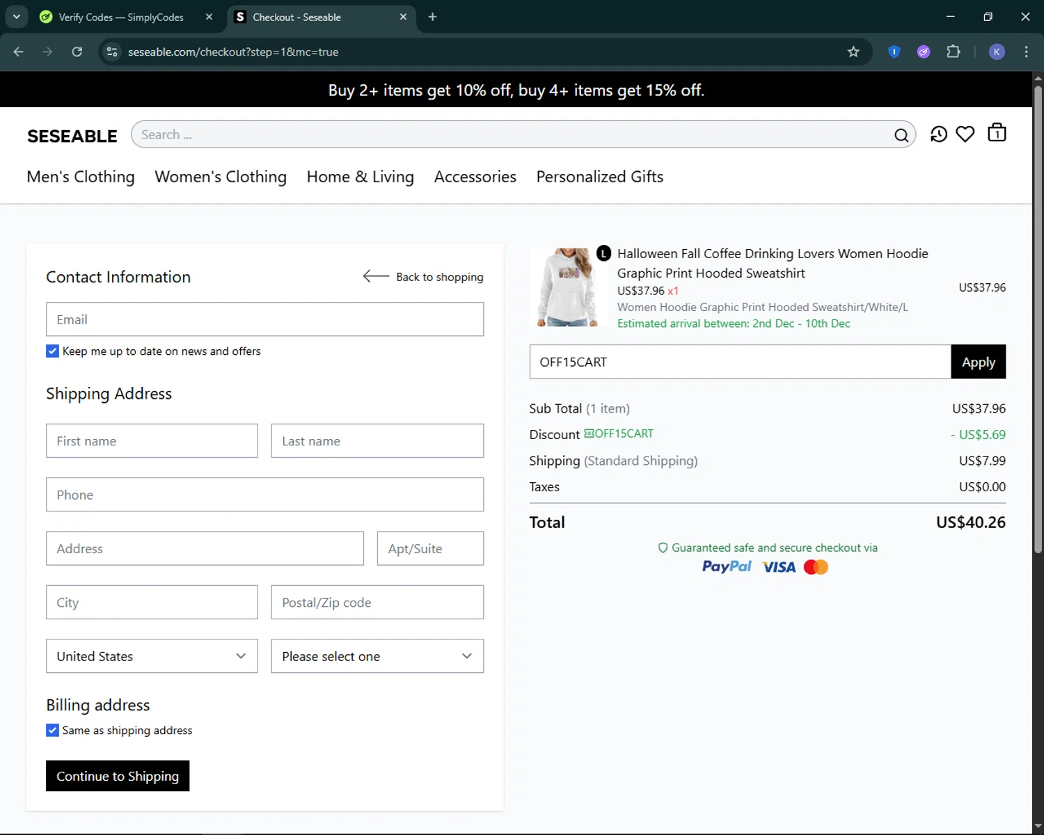 Seseable discount code screenshot showing code OFF15CART applied at Seseable checkout page. Uploaded by SimplyCodes community member KevLapage on Nov 26, 2025