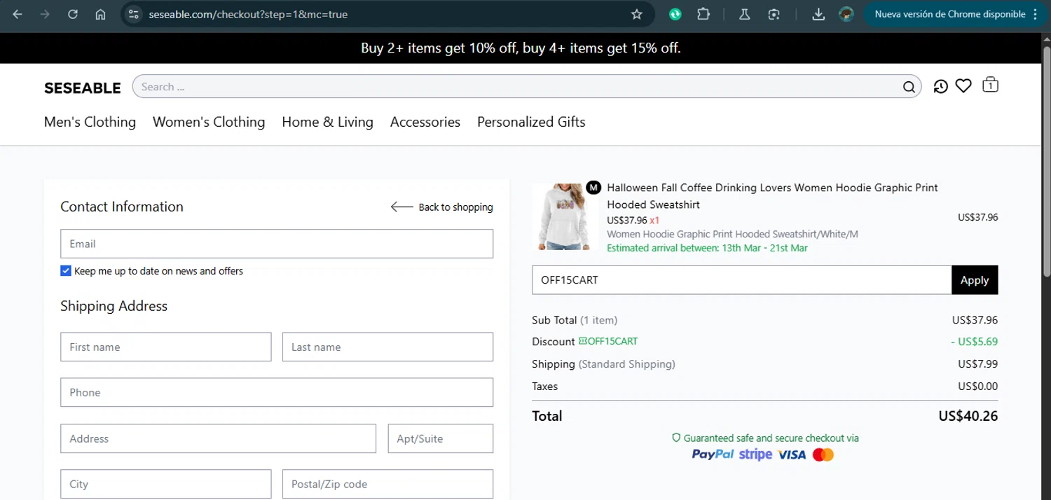 Seseable checkout page showing Seseable discount code box | Screenshot taken by SimplyCodes community member on Mar 10, 2025