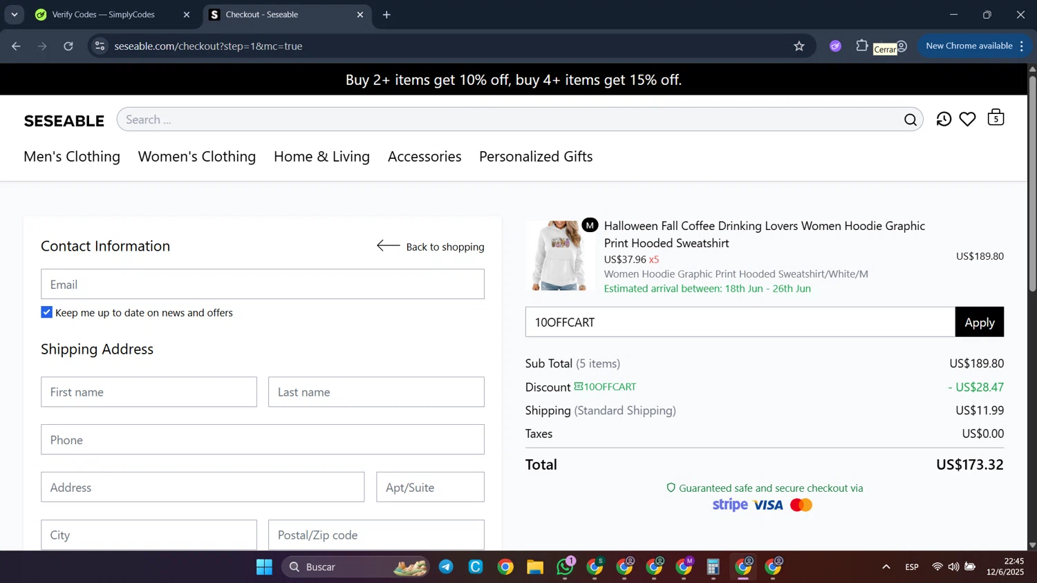 Seseable discount code screenshot showing code 10OFFCART applied at Seseable checkout page. Uploaded by SimplyCodes community member CleverFalcon6244 on Jun 13, 2025
