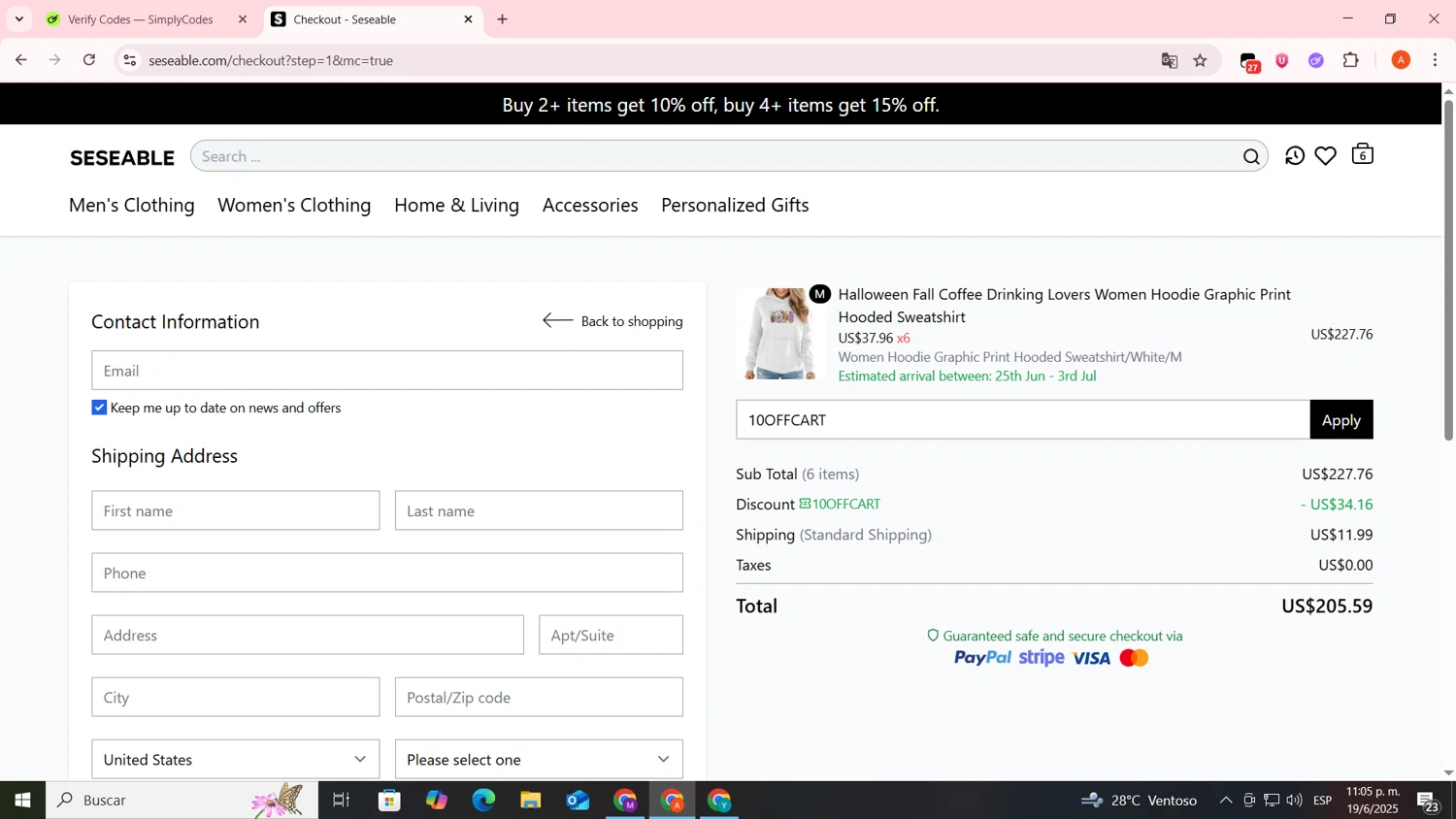 Seseable discount code screenshot showing code 10OFFCART applied at Seseable checkout page. Uploaded by SimplyCodes community member FrugalSentinel6206 on Jun 20, 2025