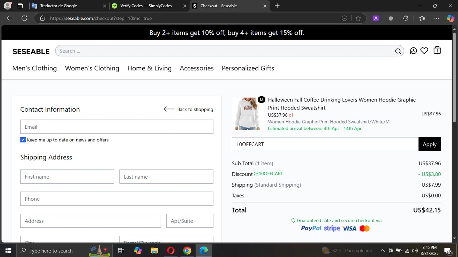 Seseable checkout page showing Seseable discount code box | Screenshot taken by SimplyCodes community member on Mar 31, 2025