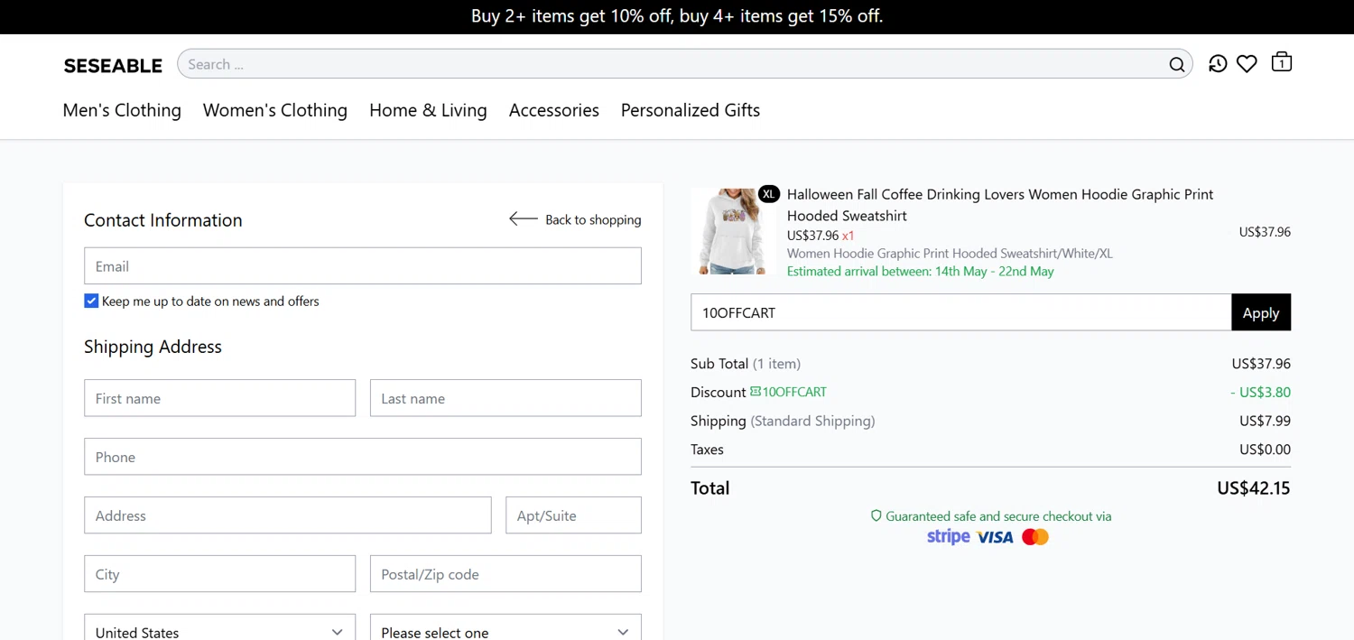 Seseable checkout page showing Seseable discount code box | Screenshot taken by SimplyCodes community member on May 8, 2025