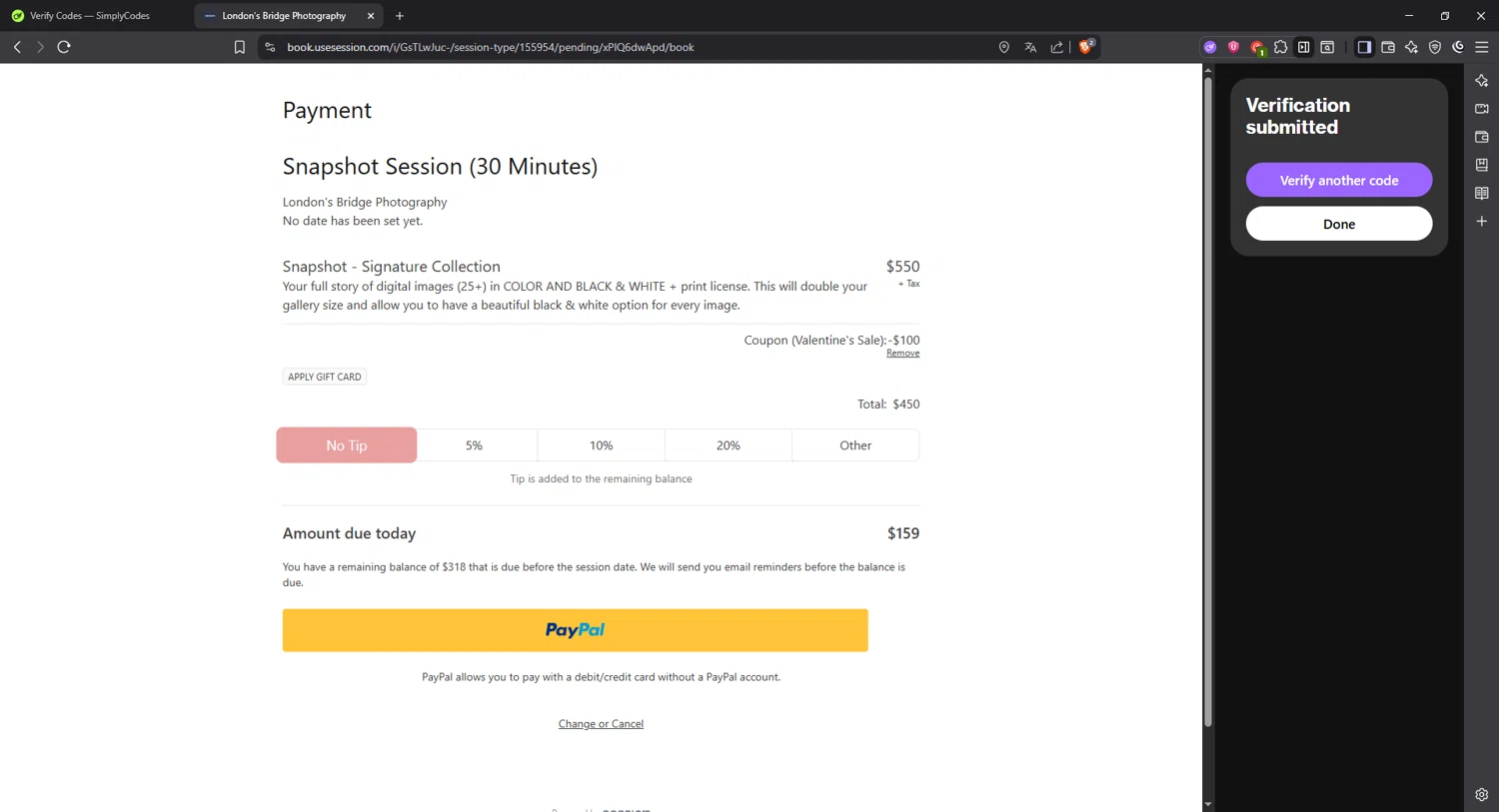 Session Technologies promo code screenshot showing code LOVE100 applied at Session Technologies checkout page. Uploaded by SimplyCodes community member Angel14 on Jul 28, 2025