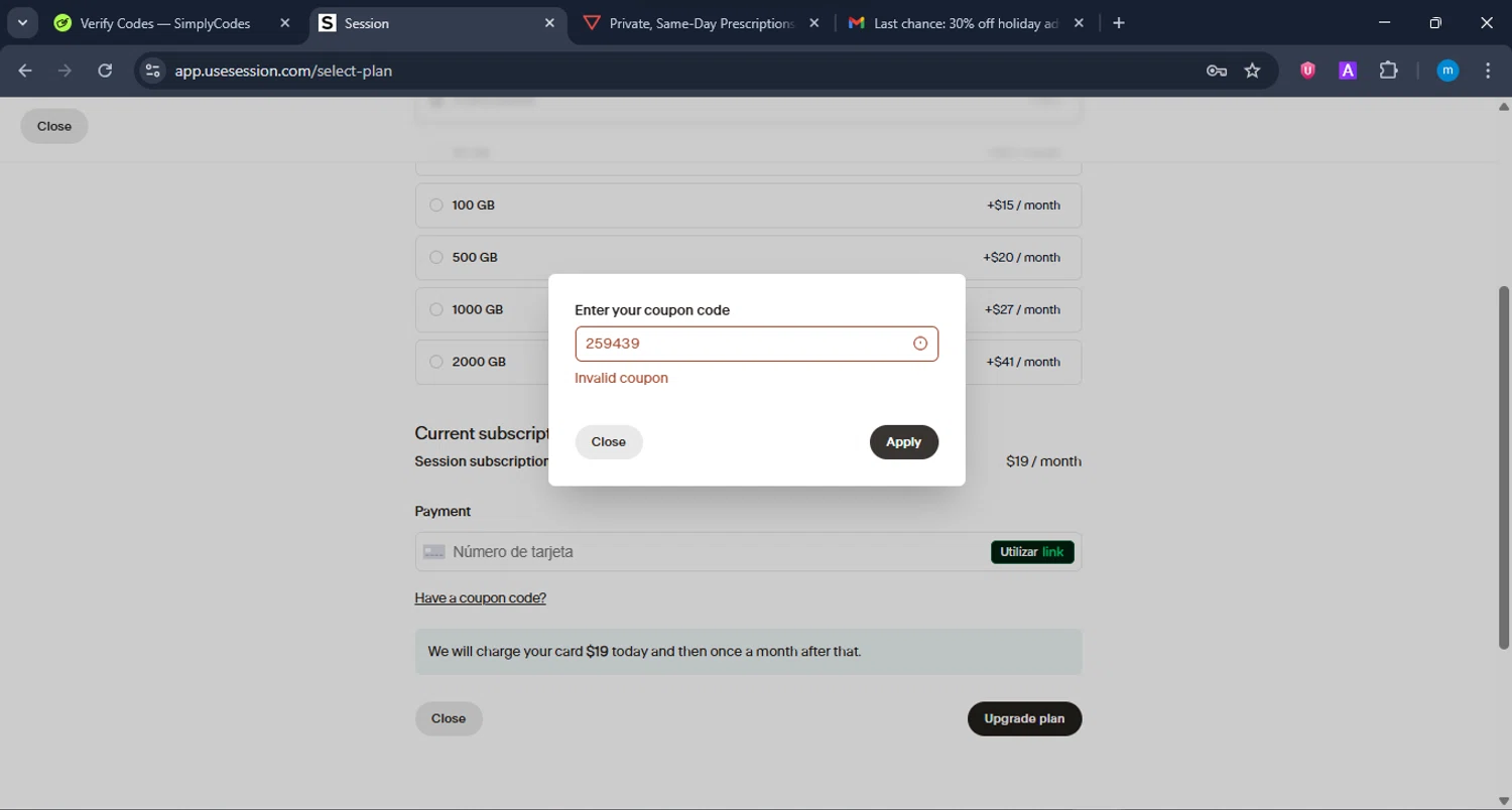 Session Technologies promo code screenshot showing code 1MONTHFREE applied at Session Technologies checkout page. Uploaded by SimplyCodes community member LuckyWarden9122 on Dec 23, 2025