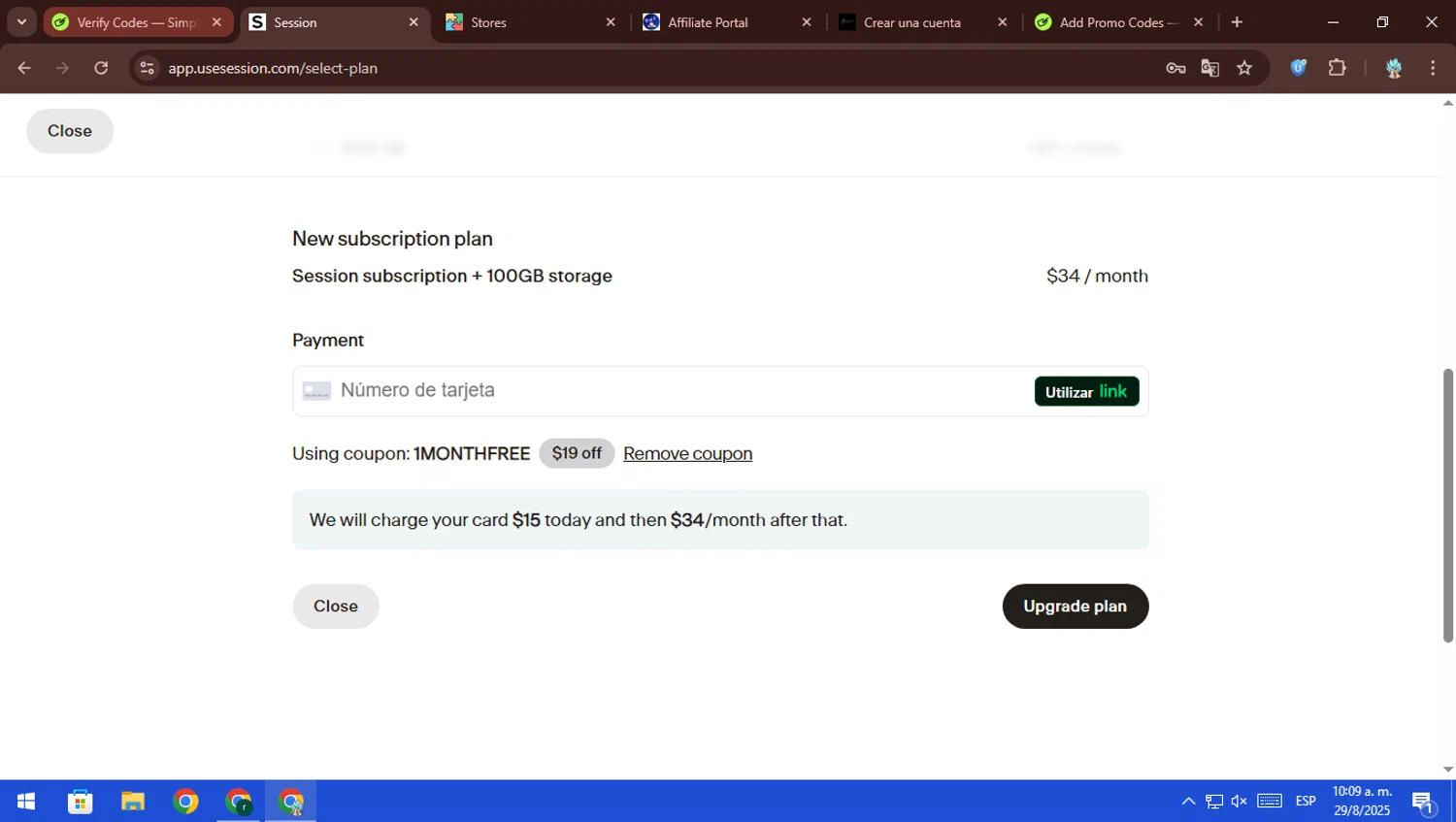 Session Technologies promo code screenshot showing code 1MONTHFREE applied at Session Technologies checkout page. Uploaded by SimplyCodes community member ScanFalcon6148 on Aug 29, 2025