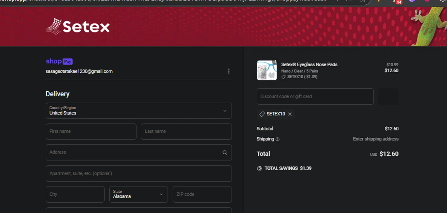 Setex promo code screenshot showing code SETEX10 applied at Setex checkout page. Uploaded by SimplyCodes community member Gianpiero on May 30, 2025