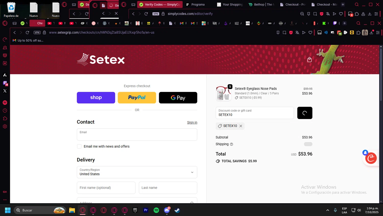 Setex promo code screenshot showing code SETEX10 applied at Setex checkout page. Uploaded by SimplyCodes community member kurcovein on Oct 7, 2025