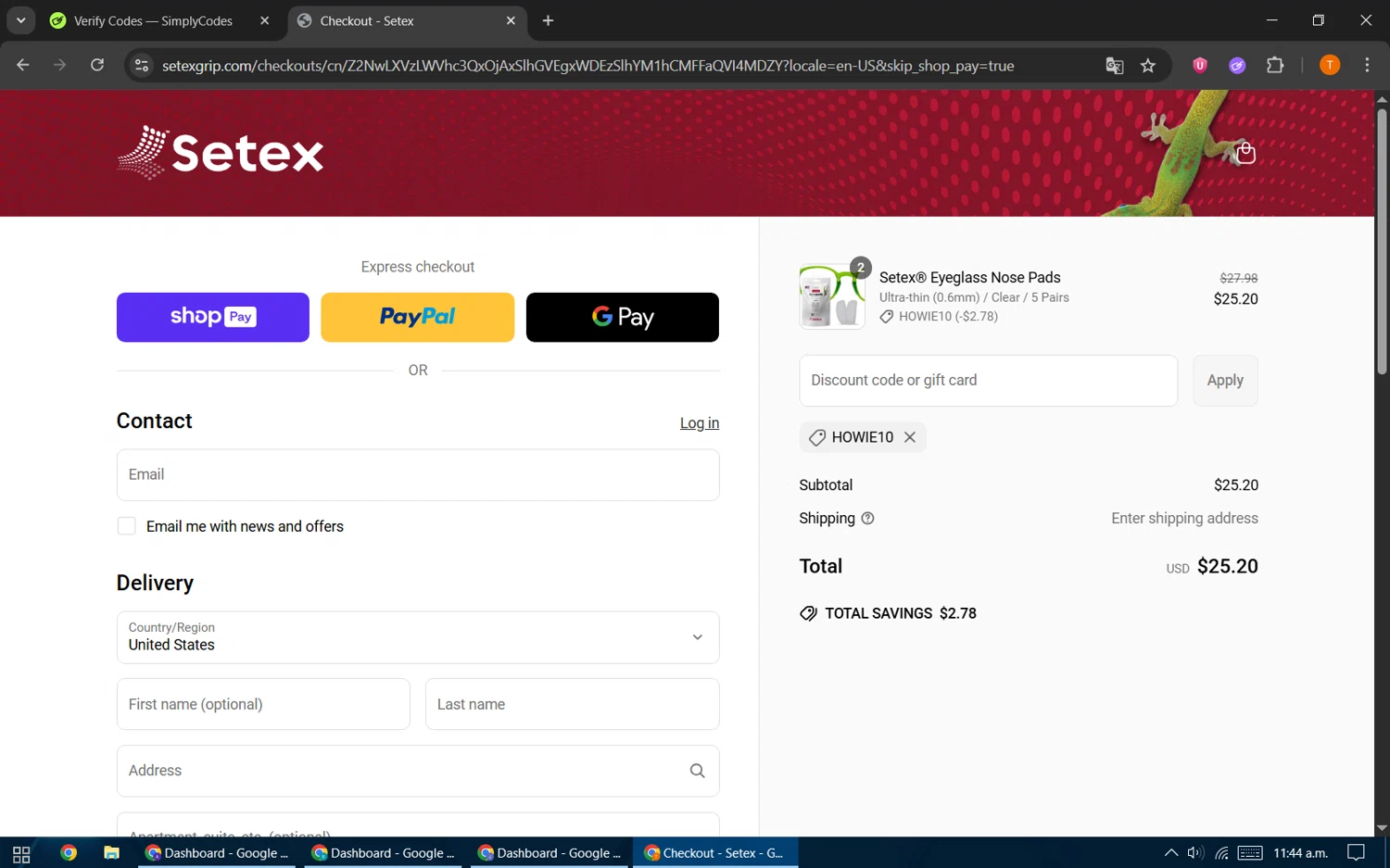 Setex promo code screenshot showing code HOWIE10 applied at Setex checkout page. Uploaded by SimplyCodes community member EpicHero3141 on Jun 11, 2025