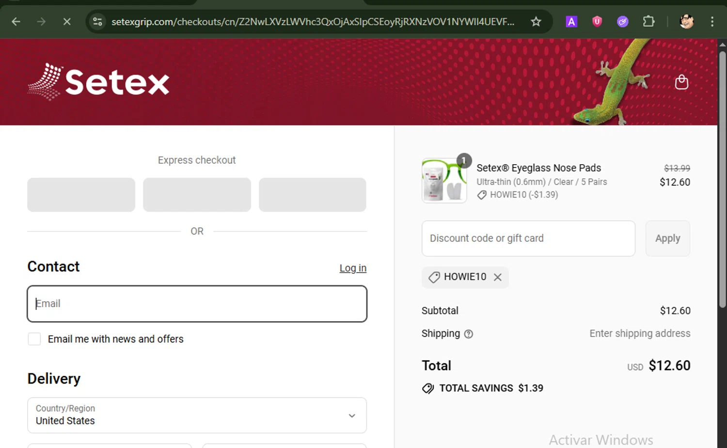 Setex promo code screenshot showing code HOWIE10 applied at Setex checkout page. Uploaded by SimplyCodes community member ShrewdBoss4152 on Jul 4, 2025