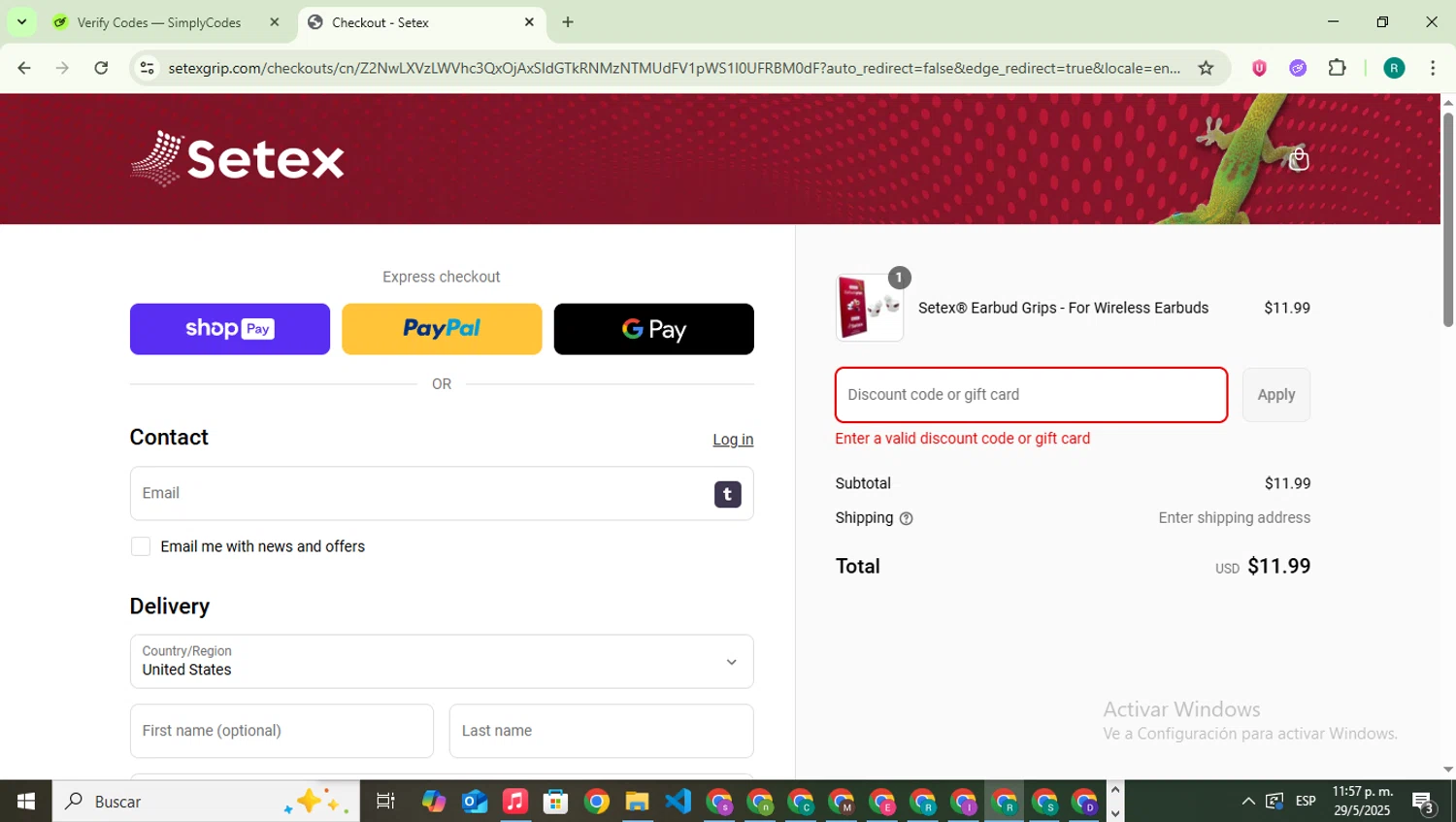 Setex promo code screenshot showing code WOMEN50 applied at Setex checkout page. Uploaded by SimplyCodes community member SavingsLegend387 on May 30, 2025