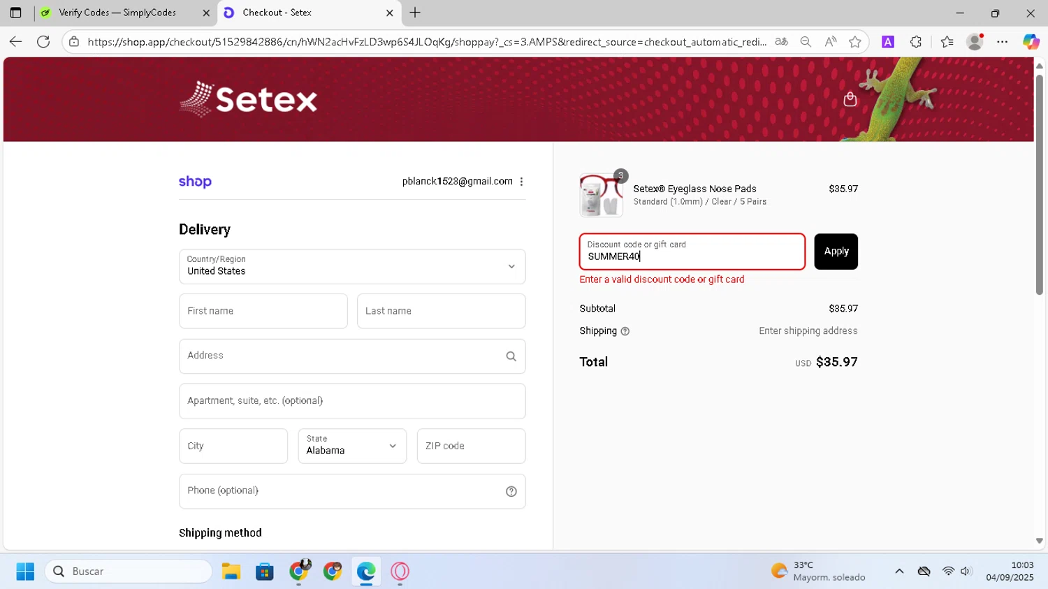 Setex promo code screenshot showing code SUMMER40 applied at Setex checkout page. Uploaded by SimplyCodes community member SilverVirtuoso7221 on Sep 4, 2025