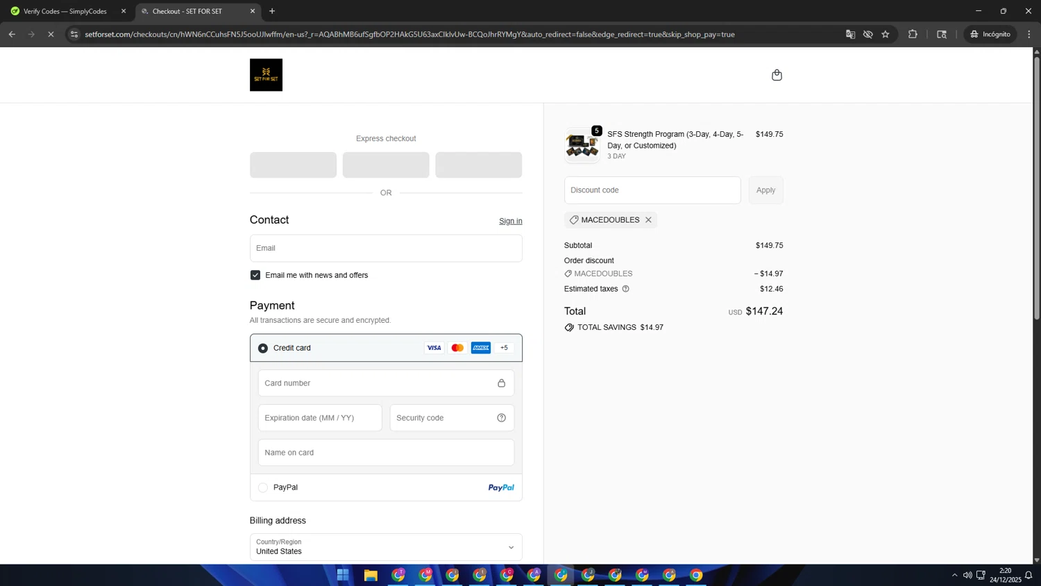 SET FOR SET discount code screenshot showing code MACEDOUBLES applied at SET FOR SET checkout page. Uploaded by SimplyCodes community member BrilliantGuardian2105 on Dec 24, 2025
