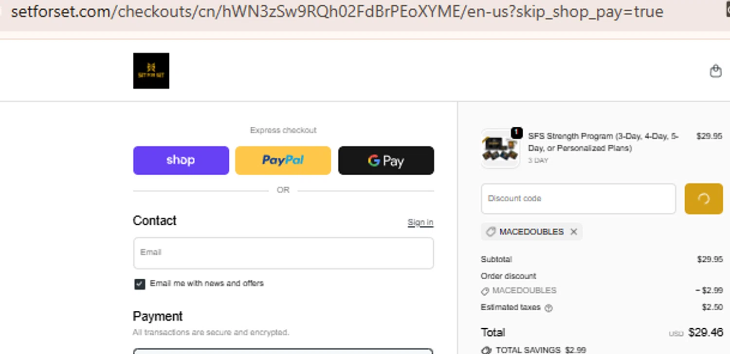 SET FOR SET discount code screenshot showing code MACEDOUBLES applied at SET FOR SET checkout page. Uploaded by SimplyCodes community member BudgetLion5814 on Oct 11, 2025