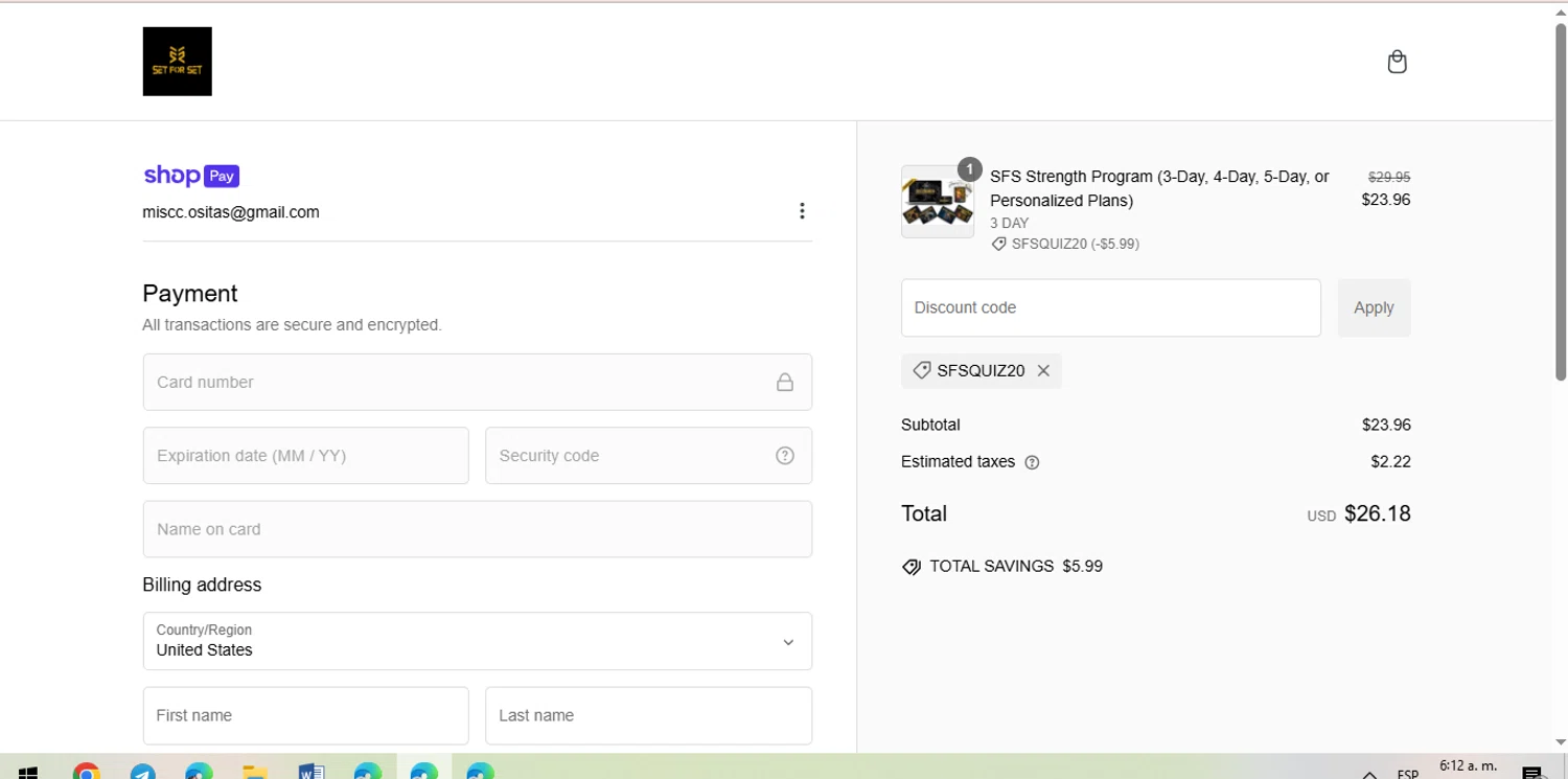 SET FOR SET discount code screenshot showing code SFSQUIZ20 applied at SET FOR SET checkout page. Uploaded by SimplyCodes community member BrilliantFalcon6936 on Jan 16, 2025