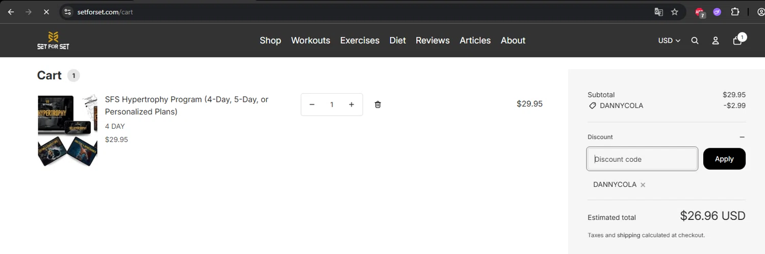 SET FOR SET discount code screenshot showing code DANNYCOLA applied at SET FOR SET checkout page. Uploaded by SimplyCodes community member Limon02 on Oct 3, 2025