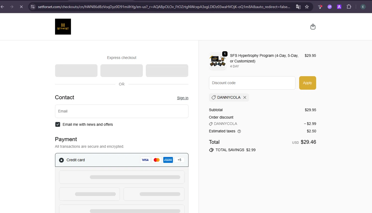 SET FOR SET discount code screenshot showing code DANNYCOLA applied at SET FOR SET checkout page. Uploaded by SimplyCodes community member MoneySage8222 on Jan 27, 2026