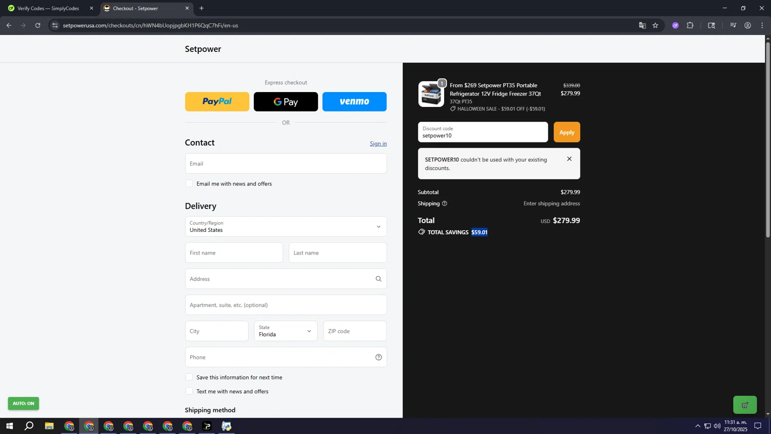 Setpower discount code screenshot showing code setpower10 applied at Setpower checkout page. Uploaded by SimplyCodes community member aaaaaaaaaaaaaaaa on Oct 27, 2025