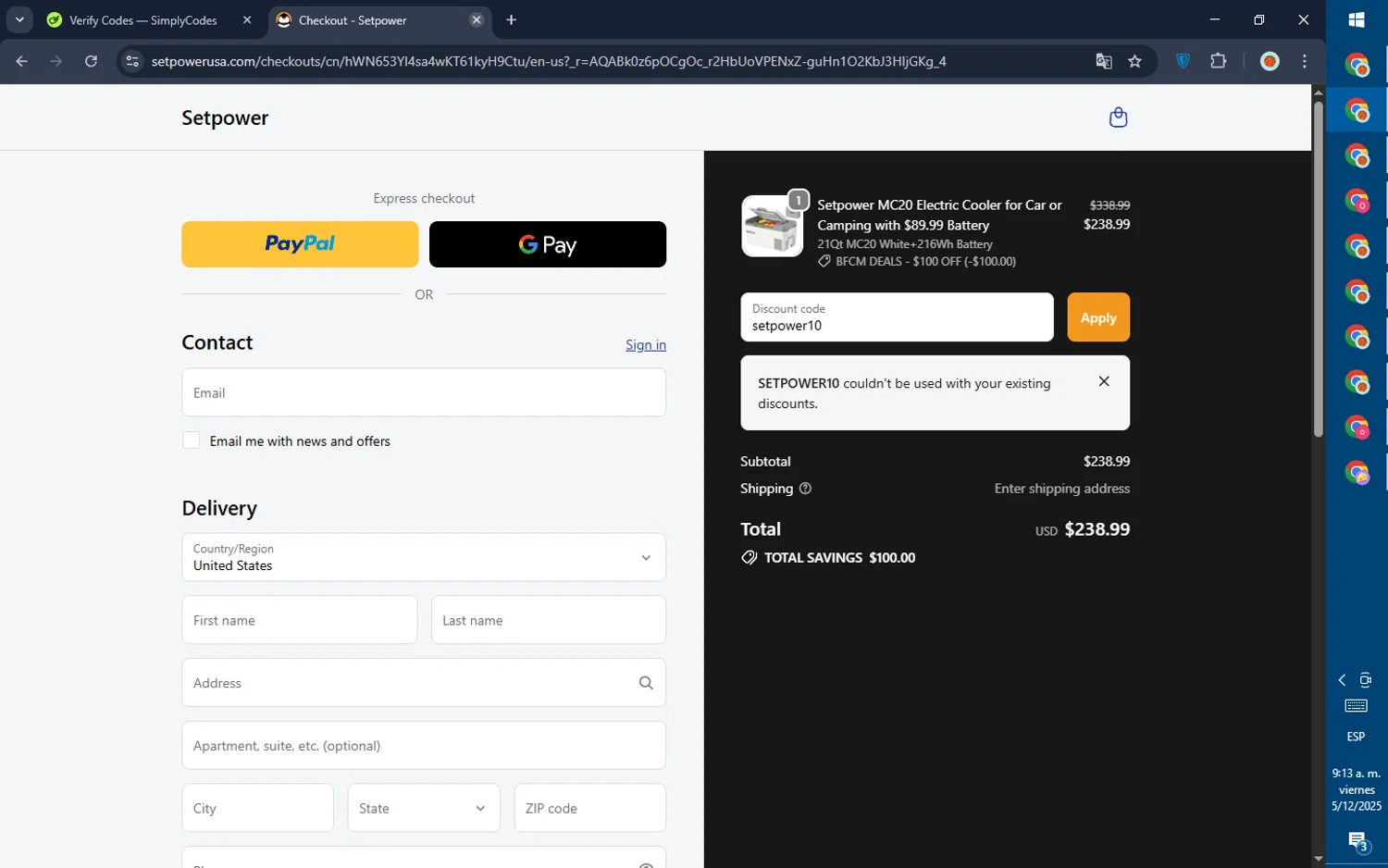 Setpower discount code screenshot showing code setpower10 applied at Setpower checkout page. Uploaded by SimplyCodes community member GoldPilot5958 on Dec 5, 2025