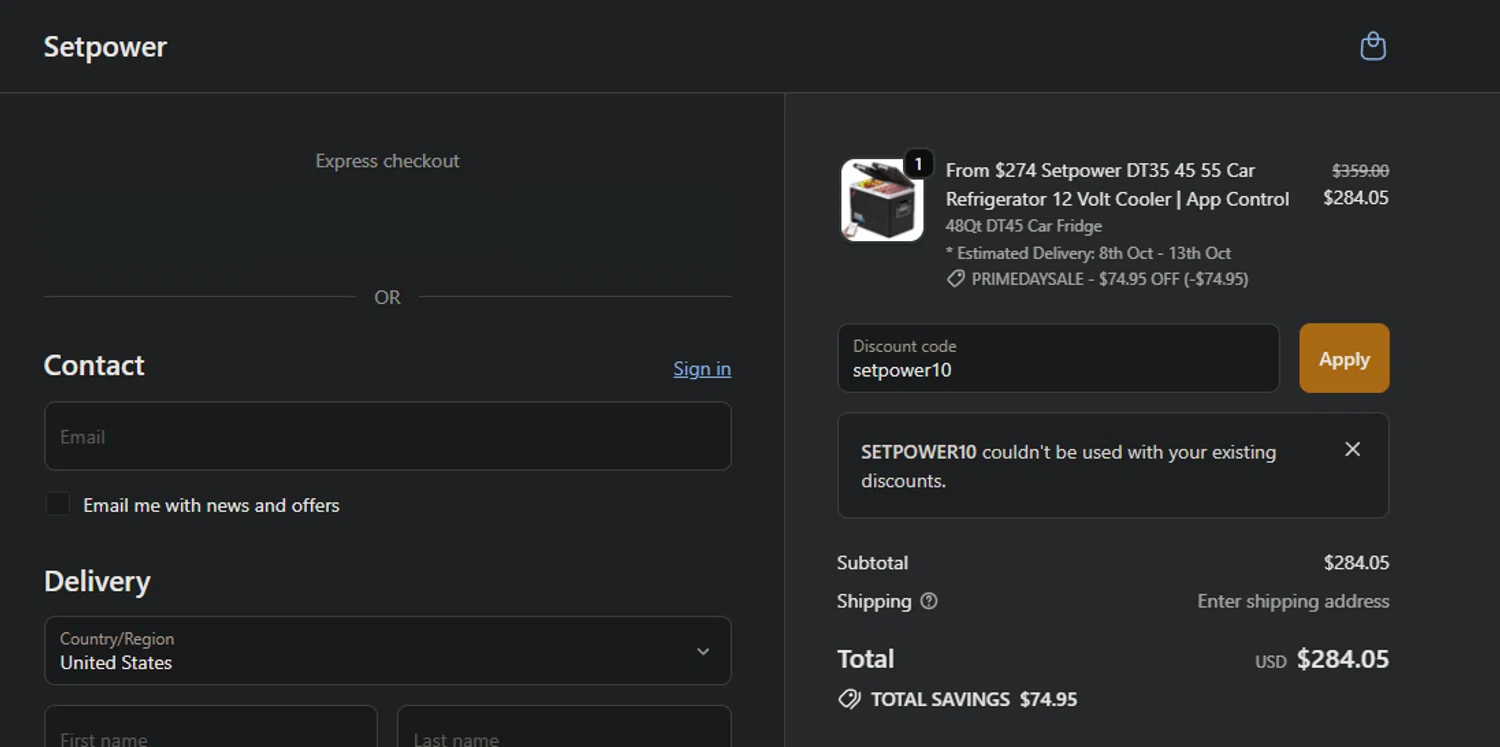 Setpower discount code screenshot showing code setpower10 applied at Setpower checkout page. Uploaded by SimplyCodes community member jaimitoalcachofa on Oct 7, 2025