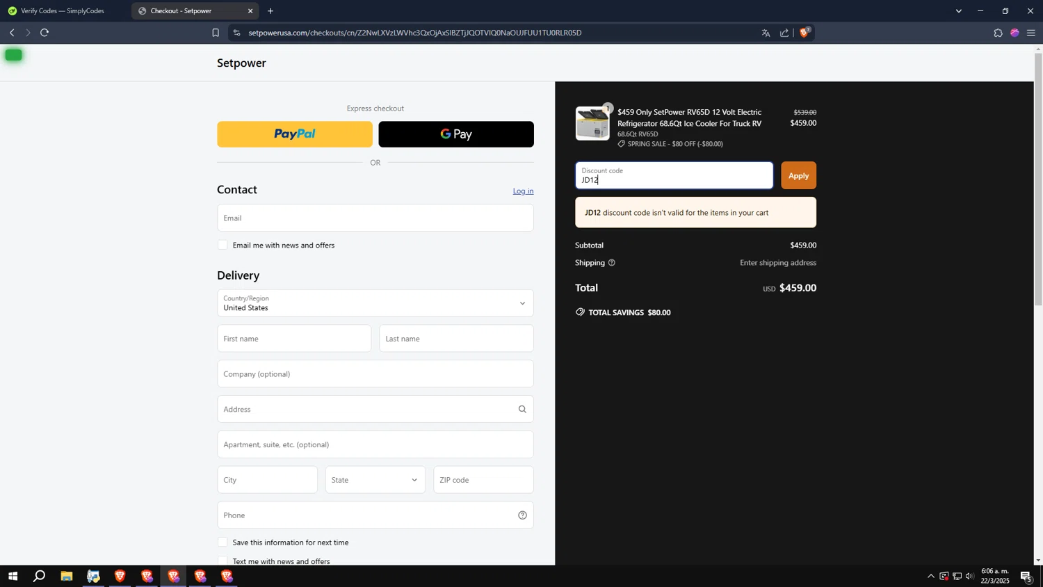 Setpower discount code screenshot showing code JD12 applied at Setpower checkout page. Uploaded by SimplyCodes community member usercod909090 on Mar 22, 2025