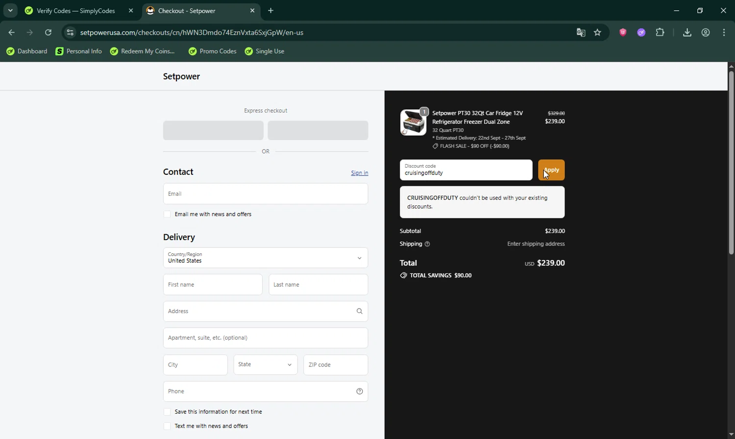 Setpower discount code screenshot showing code cruisingoffduty applied at Setpower checkout page. Uploaded by SimplyCodes community member LHaunter on Sep 21, 2025