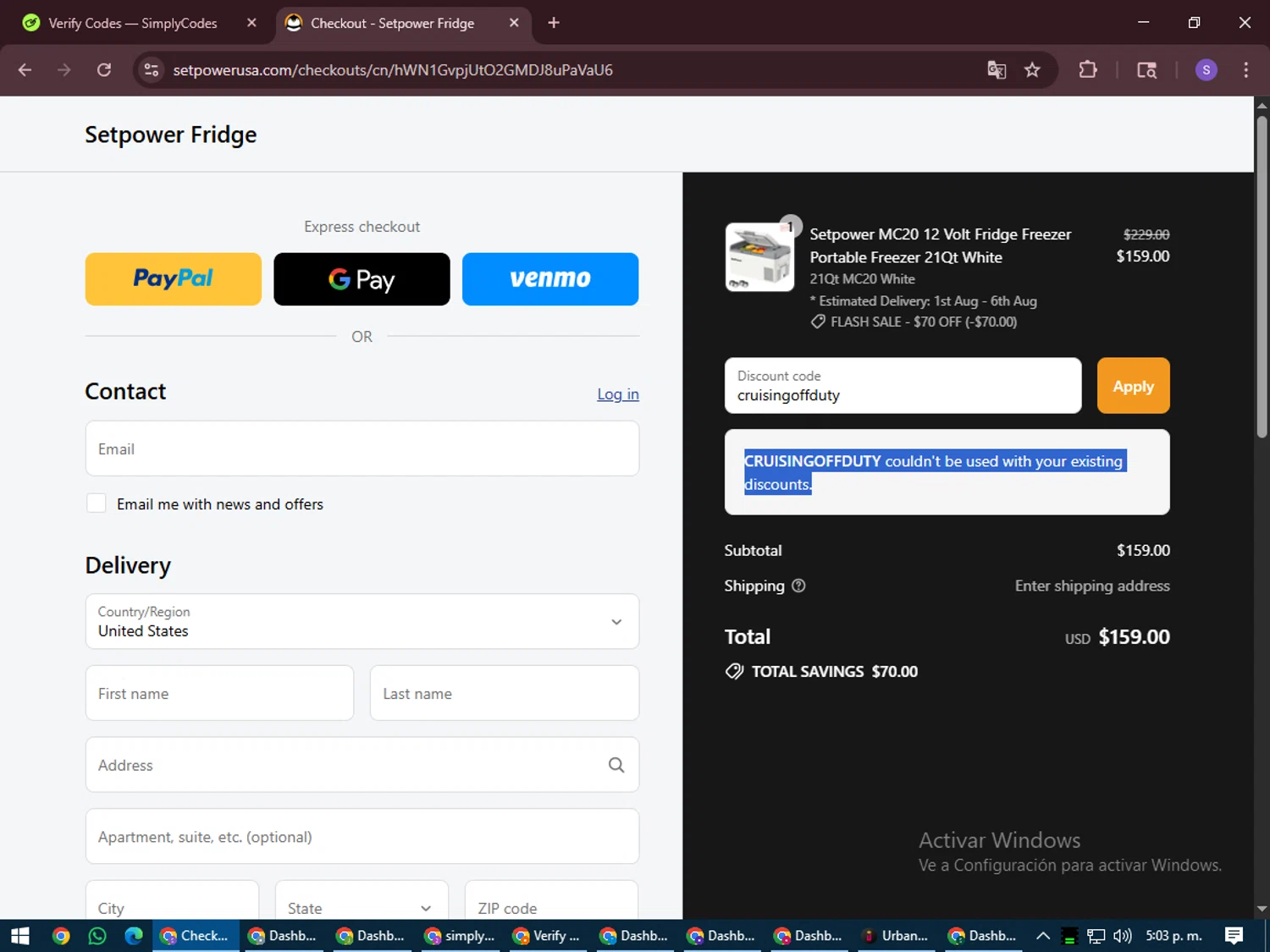 Setpower discount code screenshot showing code cruisingoffduty applied at Setpower checkout page. Uploaded by SimplyCodes community member LuckyVoyager688 on Jul 31, 2025