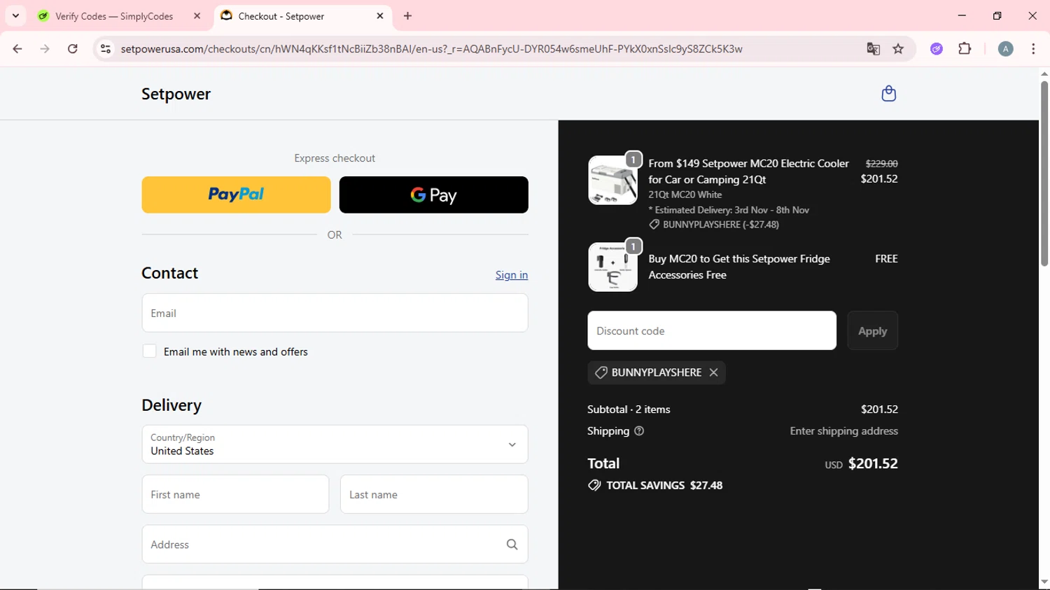 Setpower discount code screenshot showing code BUNNYPLAYSHERE applied at Setpower checkout page. Uploaded by SimplyCodes community member CrownSpotter6947 on Nov 2, 2025