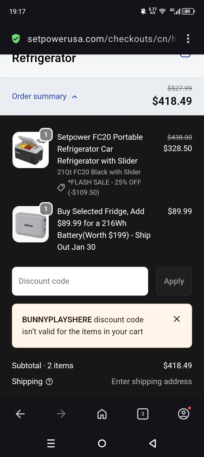 Setpower discount code screenshot showing code BUNNYPLAYSHERE applied at Setpower checkout page. Uploaded by SimplyCodes community member Olivatle37 on Jan 22, 2026