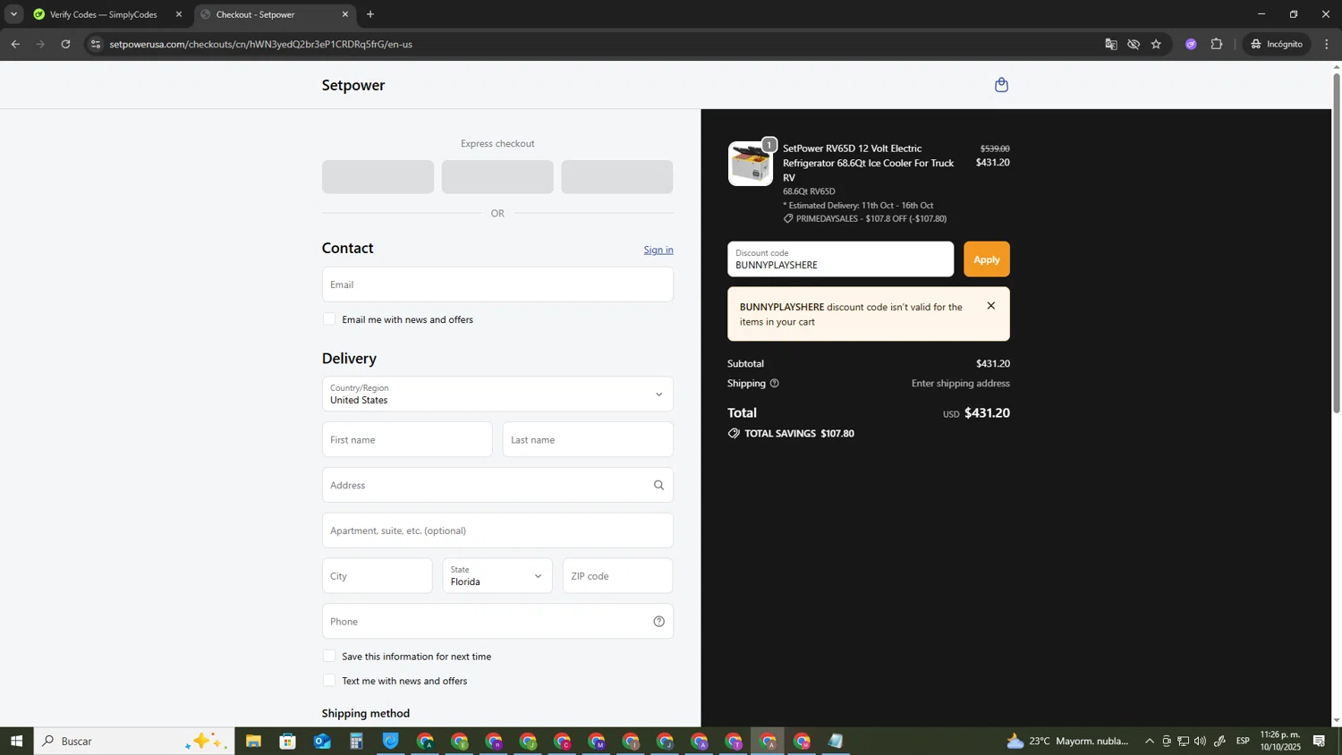 Setpower discount code screenshot showing code BUNNYPLAYSHERE applied at Setpower checkout page. Uploaded by SimplyCodes community member SwiftSage2309 on Oct 11, 2025