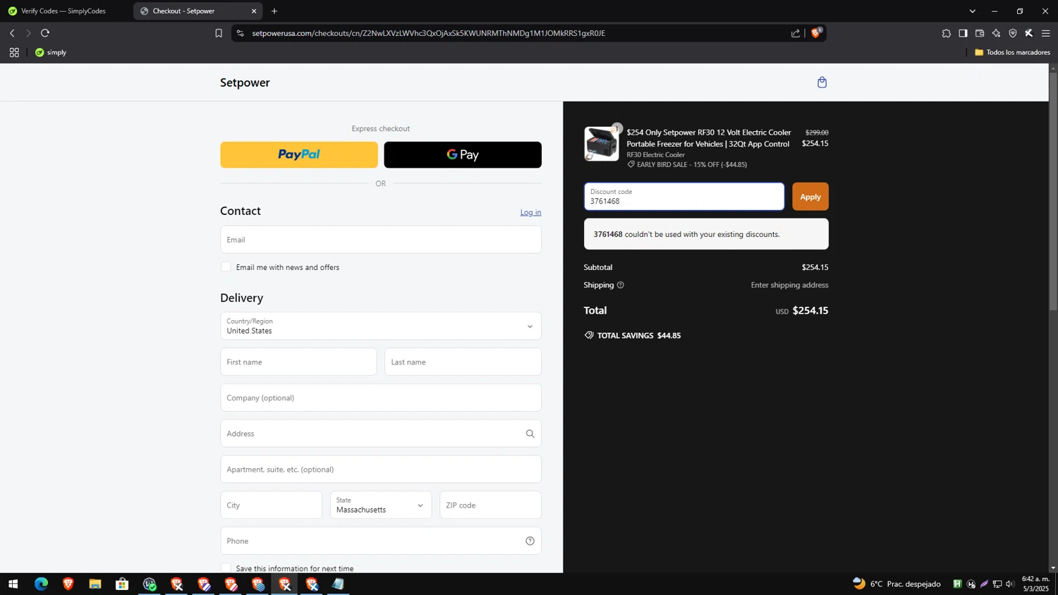 Setpower discount code screenshot showing code 3761468 applied at Setpower checkout page. Uploaded by SimplyCodes community member TreasureEagle7585 on Mar 5, 2025