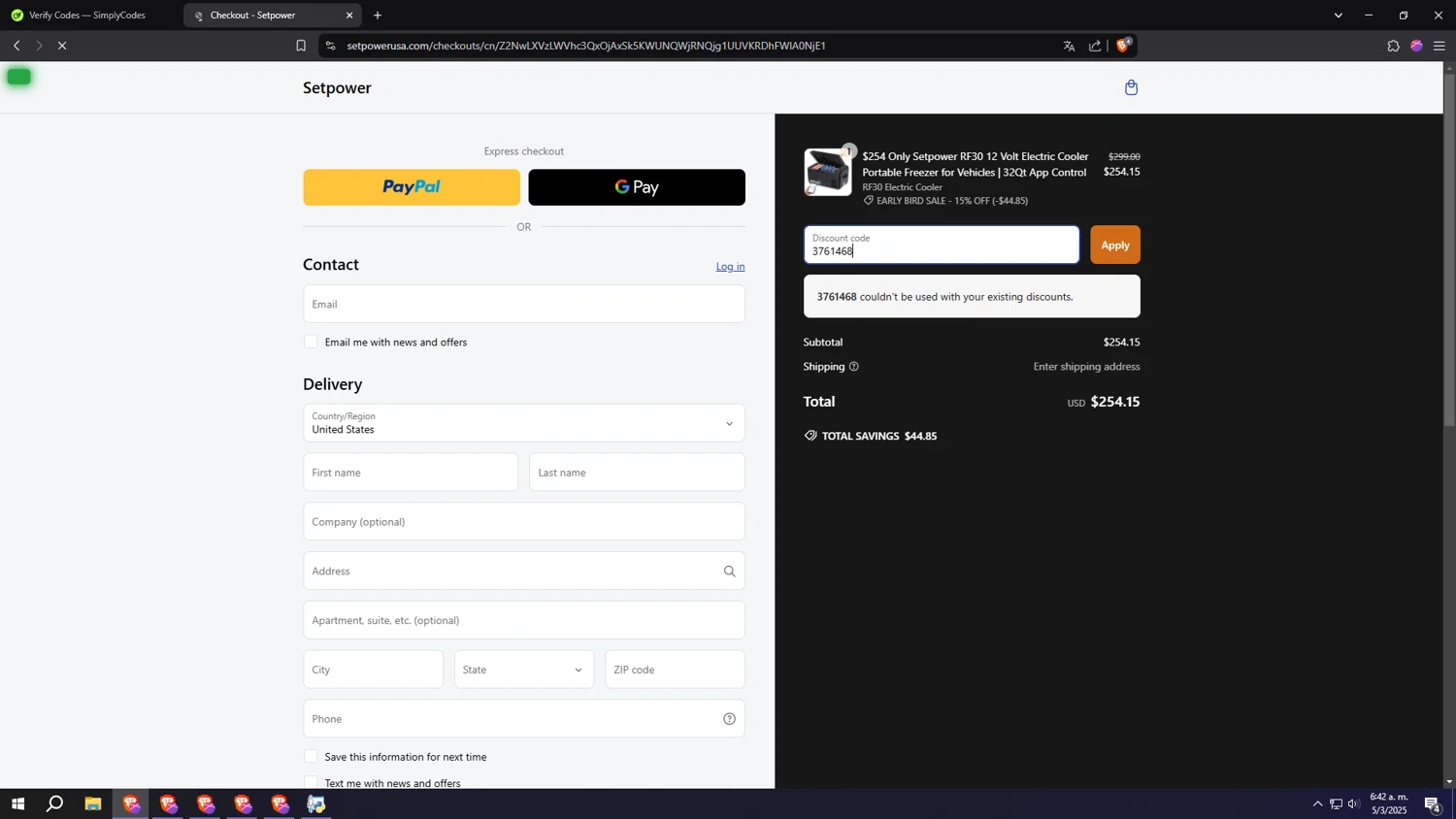 Setpower discount code screenshot showing code 3761468 applied at Setpower checkout page. Uploaded by SimplyCodes community member HUMANIZER on Mar 5, 2025