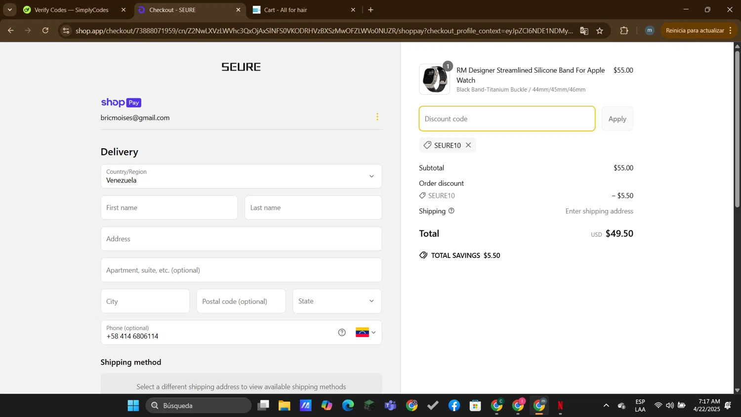 SEURE discount code screenshot showing code SEURE10 applied at SEURE checkout page. Uploaded by SimplyCodes community member DTBERA2024 on Apr 22, 2025