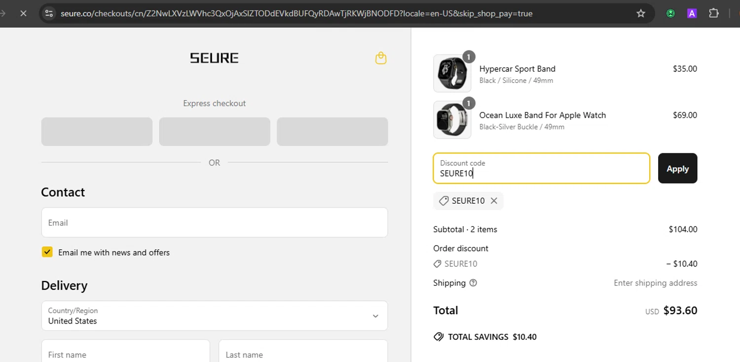 SEURE discount code screenshot showing code SEURE10 applied at SEURE checkout page. Uploaded by SimplyCodes community member Eminem on May 21, 2025