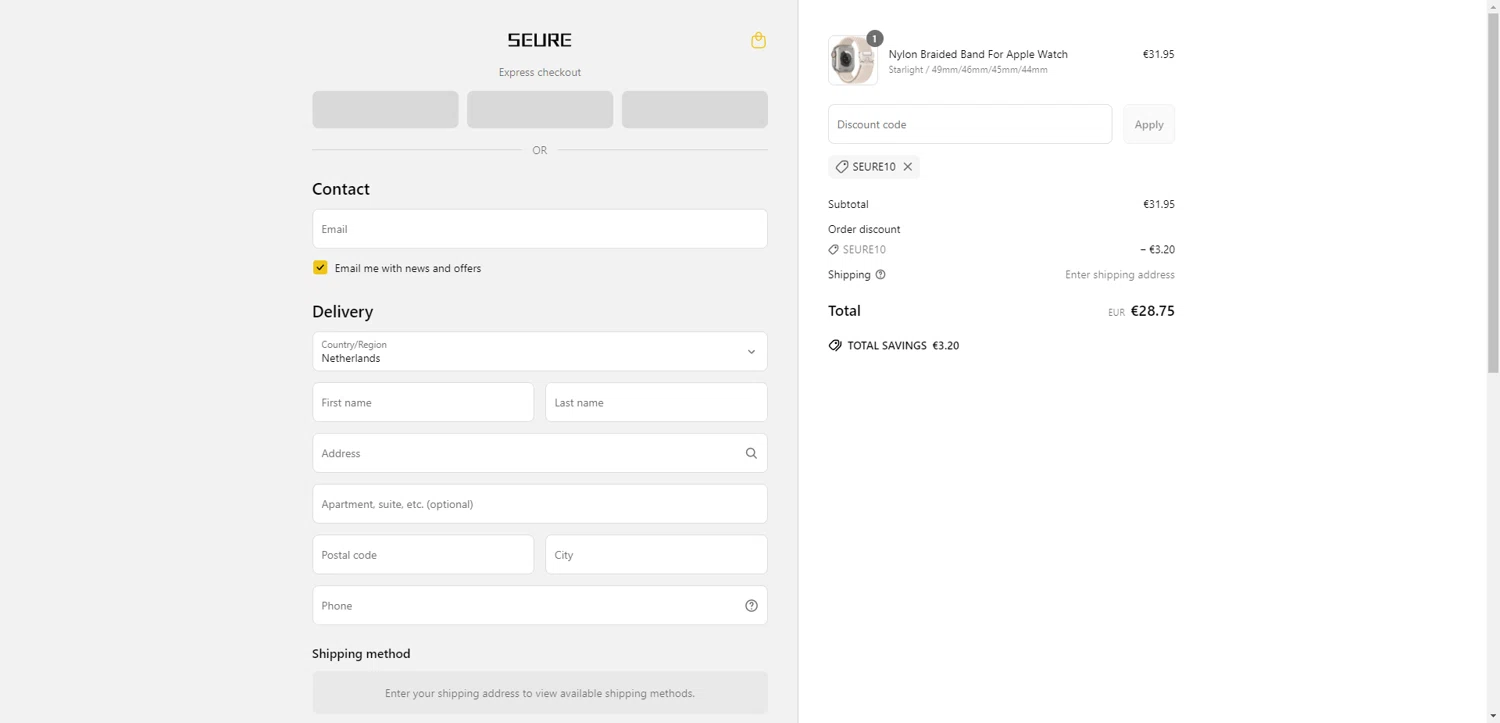 SEURE discount code screenshot showing code SEURE10 applied at SEURE checkout page. Uploaded by SimplyCodes community member PromoAdmiral6652 on Jun 19, 2025