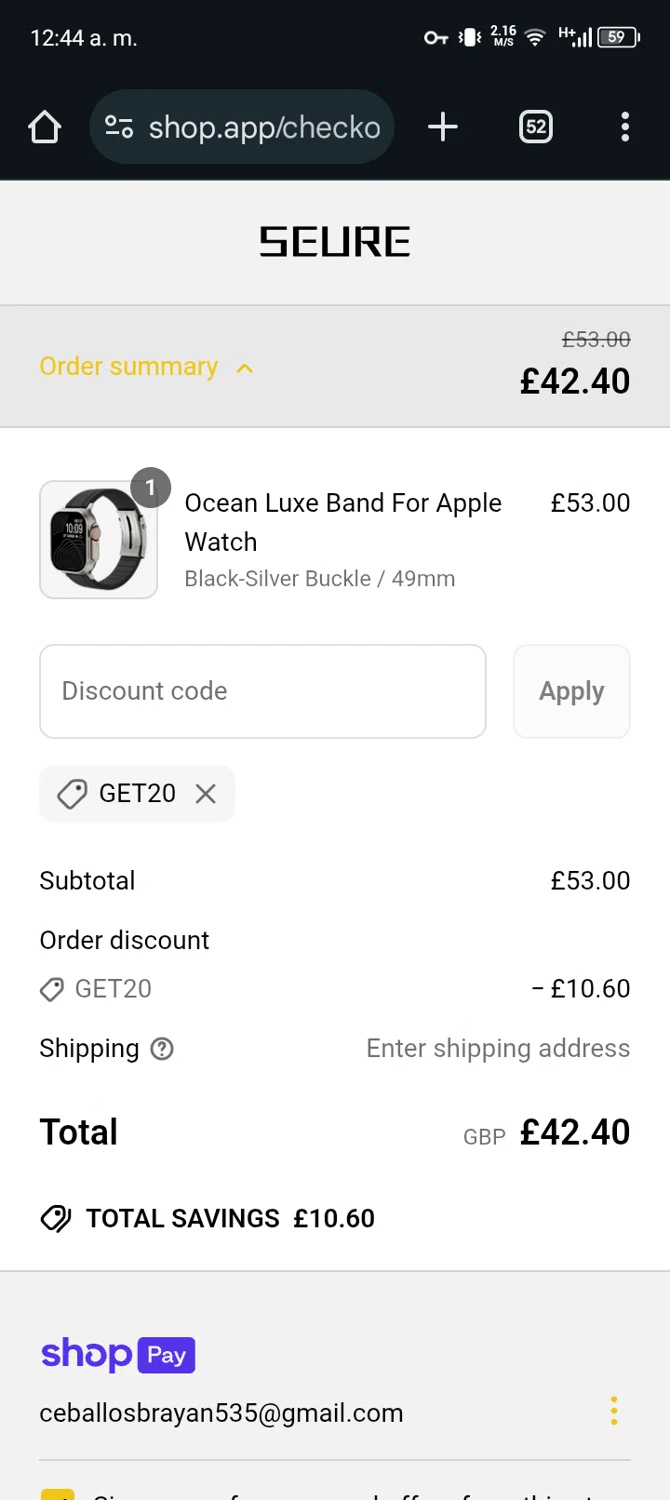 SEURE discount code screenshot showing code GET20 applied at SEURE checkout page. Uploaded by SimplyCodes community member Ryan_Garcia on May 14, 2025